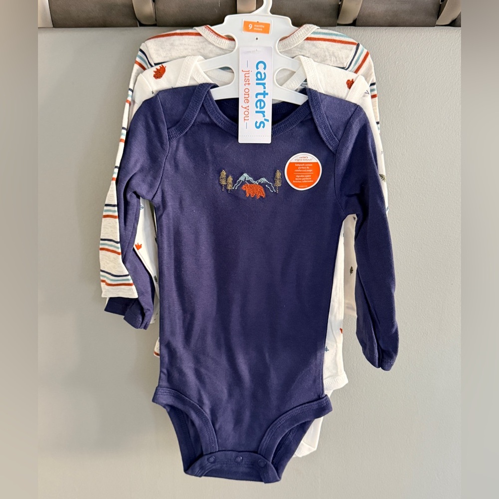 Carters Just One You 9M Baby Boy Bodysuits 3 Pack Bear Stripe Navy NWT‎